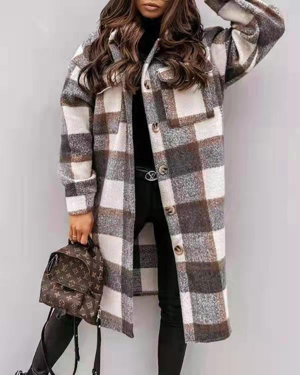 Spring And Autumn New Women's Plaid Brushed Medium Long Woolen Coat