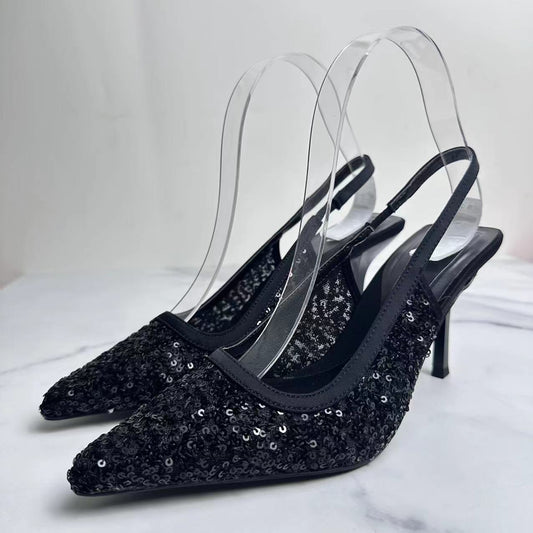 Summer Women Heels Black Mesh Sequins Pointed toe High Heels Elegant Slingback Shoes Woman Pumps luxury brand woman shoes