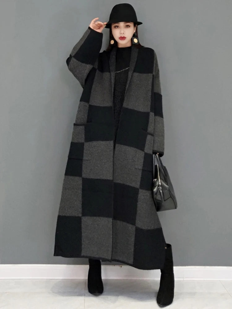 Winter New Knitting Trench For Women Vintage Fashion Plaid Loose Thicken Sweater Windbreaker Female Coat