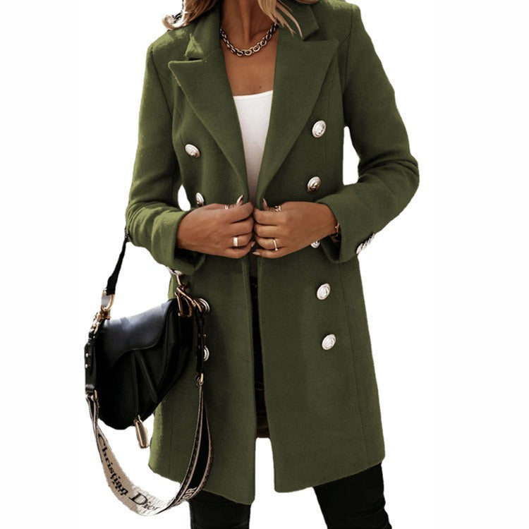 Autumn and winter long sleeved suit collar double breasted women's coat