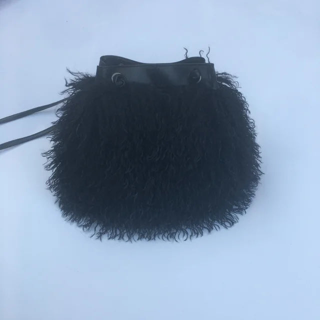 Long Fur Wool Bucket Bag Women  Luxury Mongolian Sheep Fur Bag Beach Faux Wool Fur One Shoulder Sling Handbag