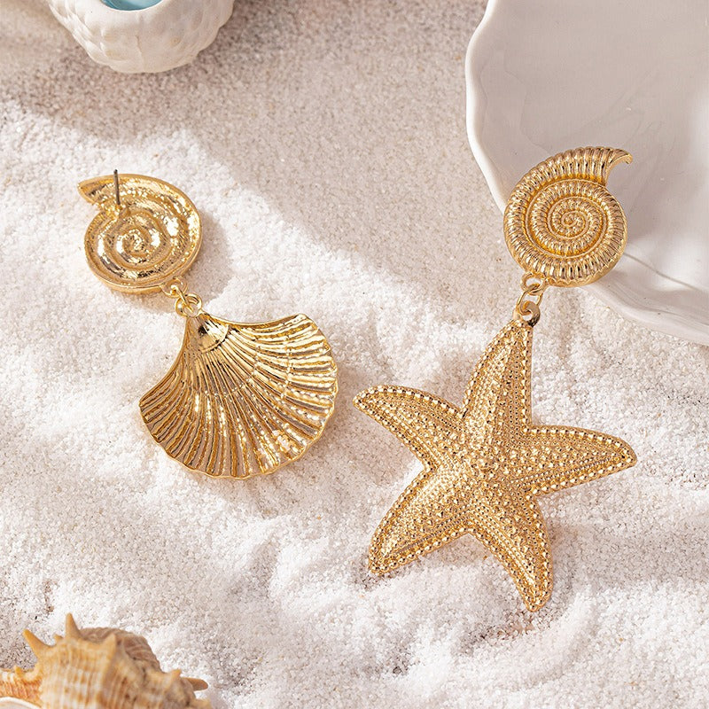 Gold metallic starfish shell earrings with personalized and high-end temperament earrings