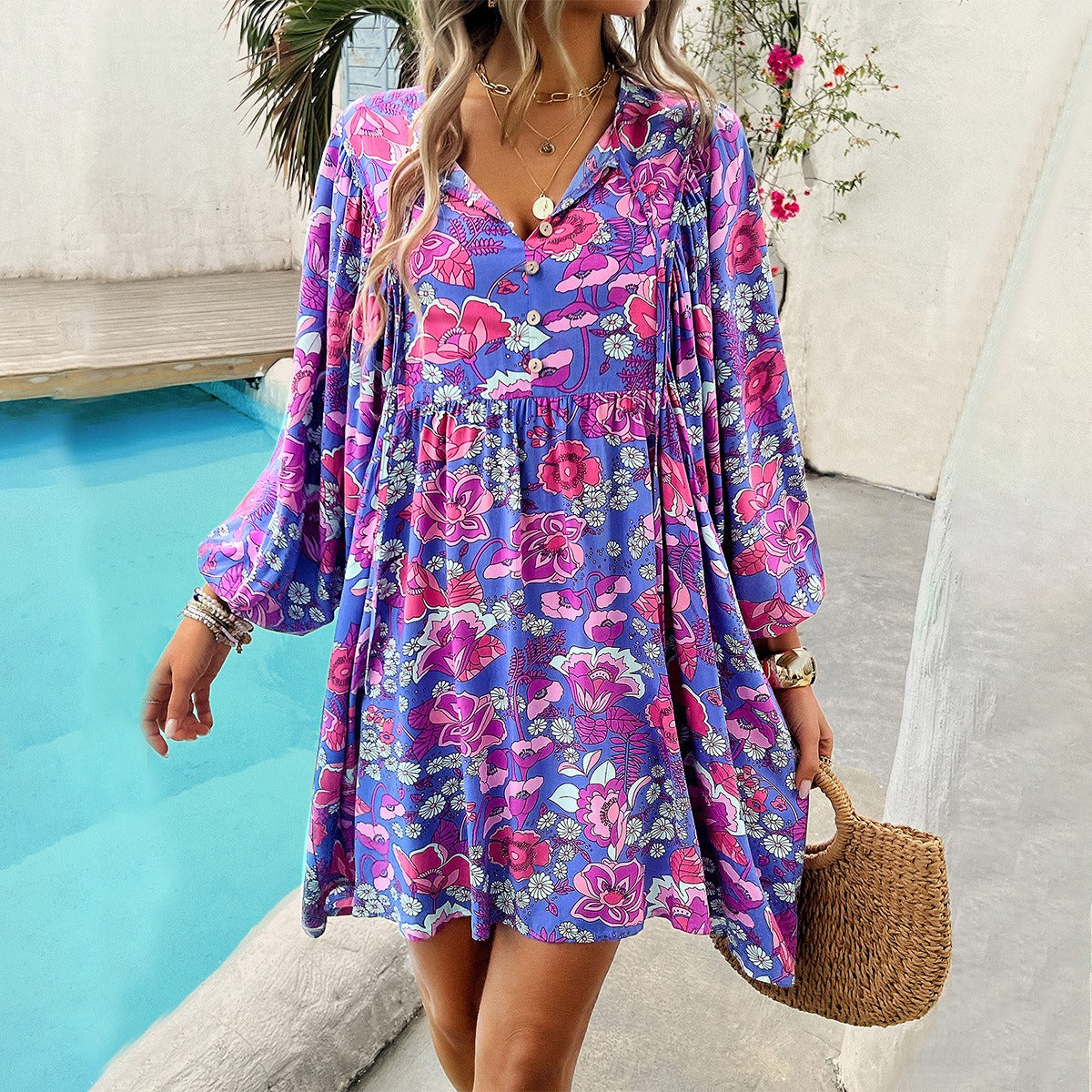 Women's spring/summer casual vacation printed long sleeved dress