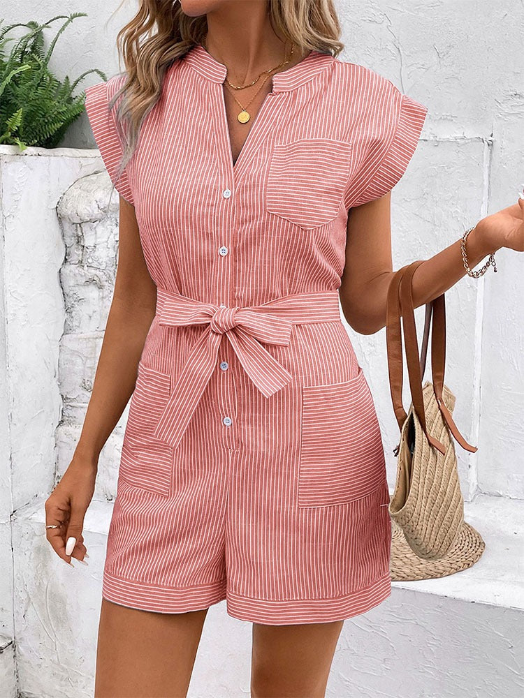 New European and American summer women's slim striped short sleeved jumpsuit shorts