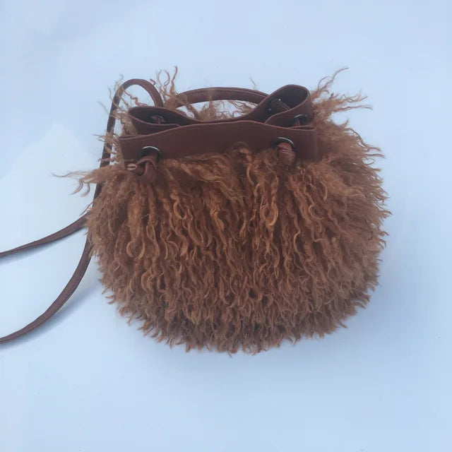 Long Fur Wool Bucket Bag Women  Luxury Mongolian Sheep Fur Bag Beach Faux Wool Fur One Shoulder Sling Handbag