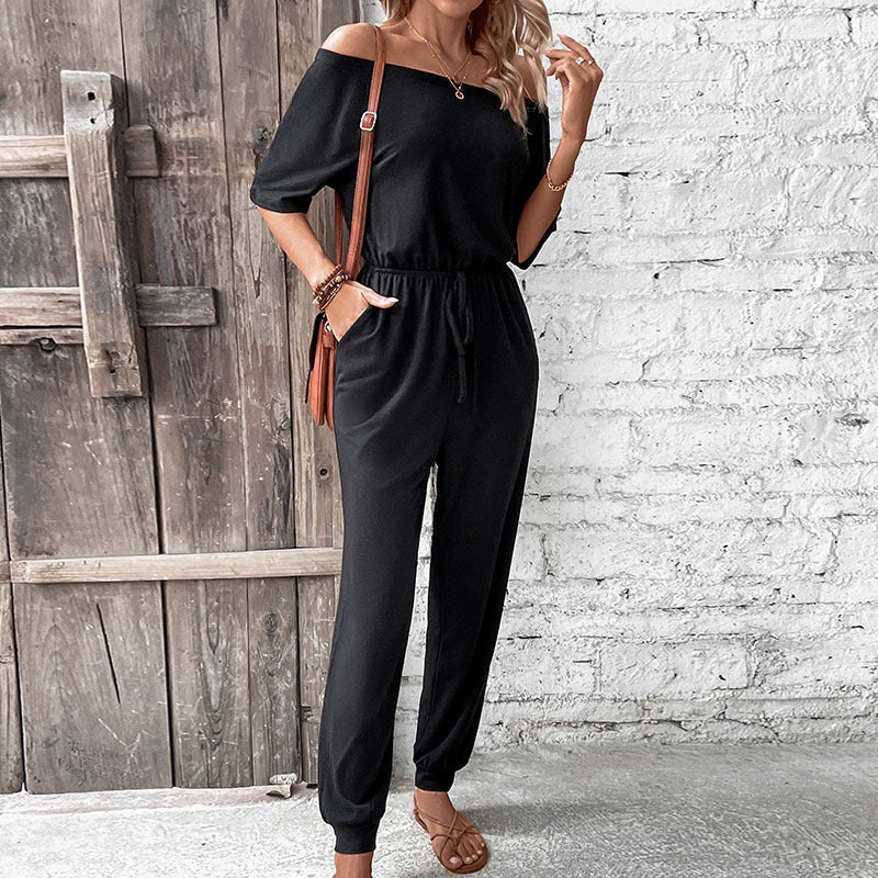 New European and American summer women's one shoulder solid color pants jumpsuit