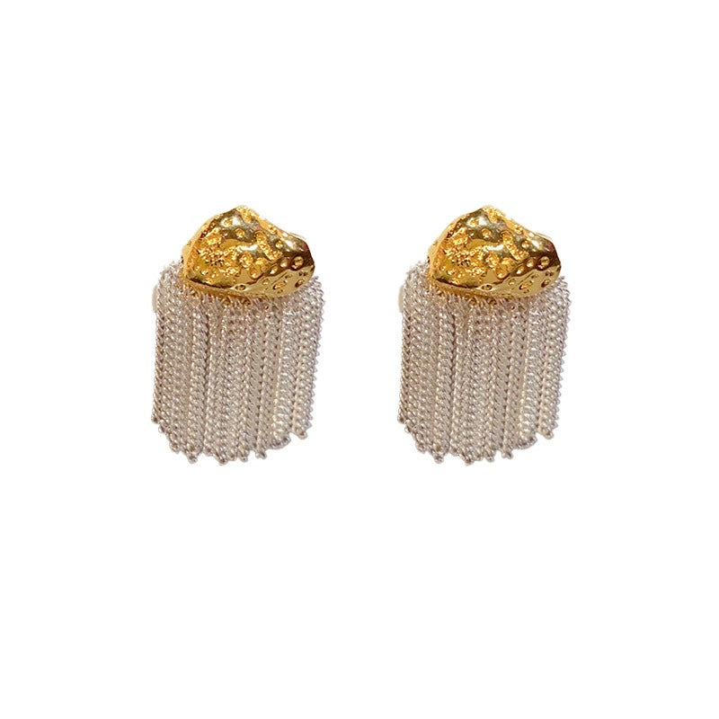 Light luxury personalized metal block tassel earrings, silver needles, fashionable and versatile temperament earrings