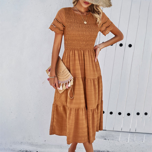 Spring and summer pure color temperament play sheath hollow dress