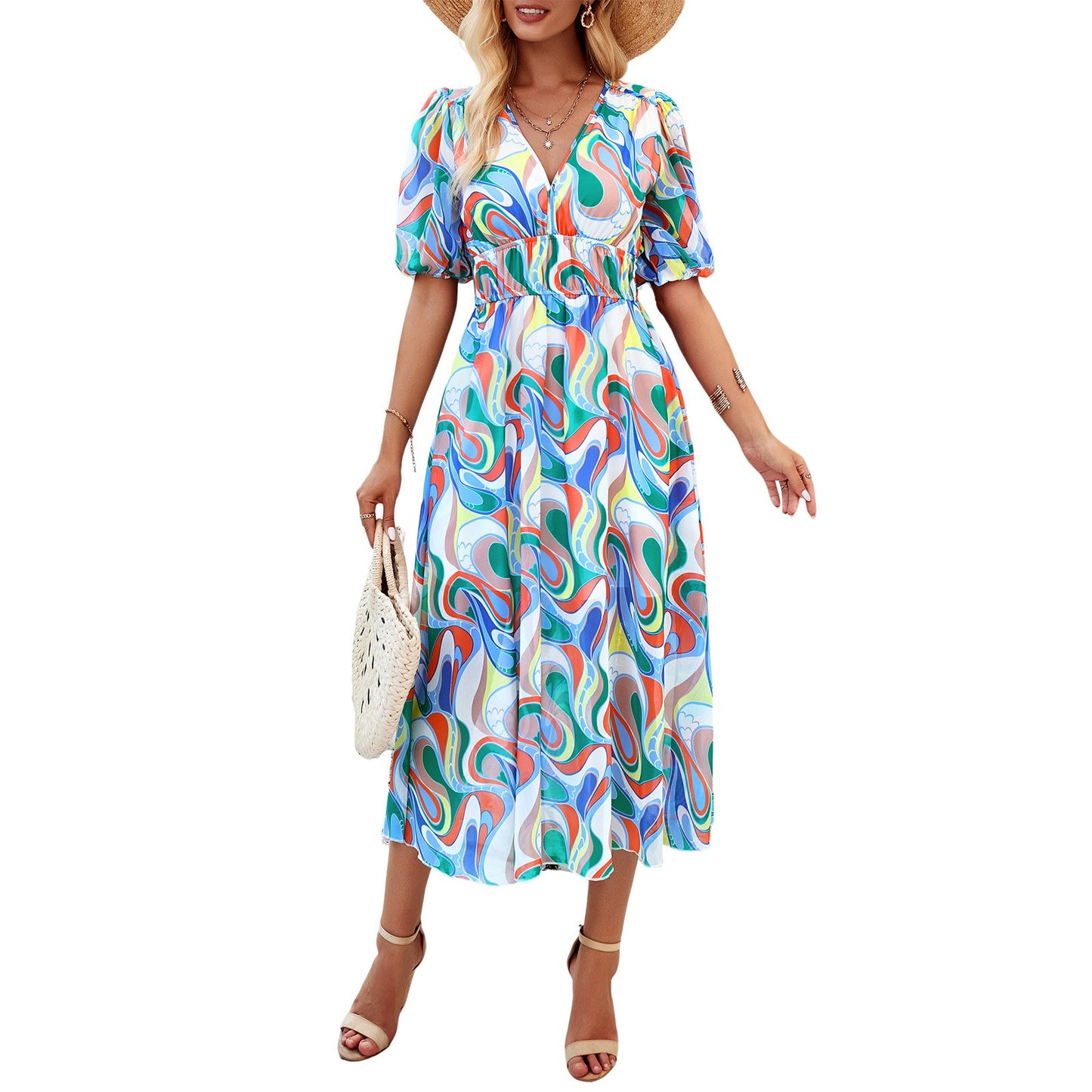 Spring/summer holiday casual print V-neck dress with waist tucked in