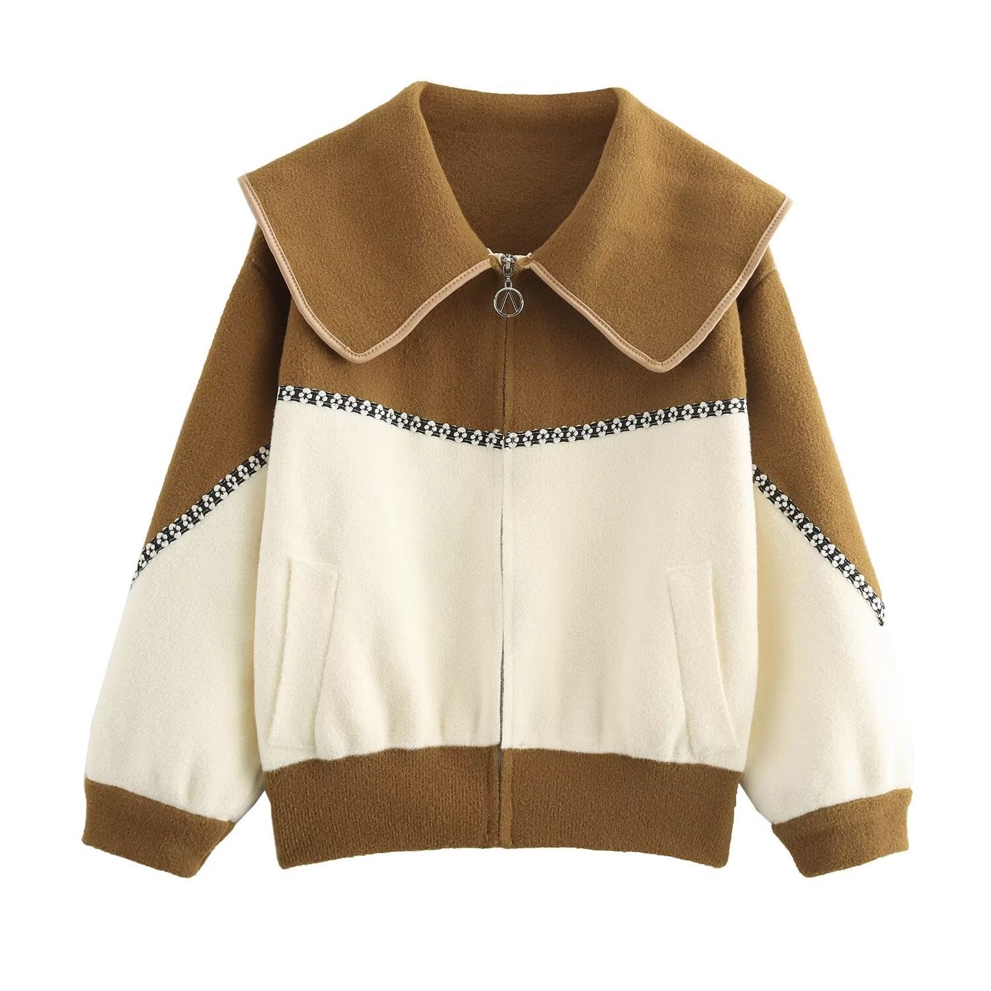 Color blocking collar zipper knitted double-sided cardigan design loose sweater jacket for women