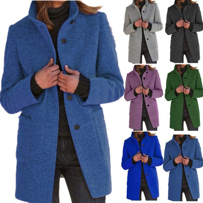 Autumn and Winter Women's New Retro Solid Button Standing Neck Woolen Coat