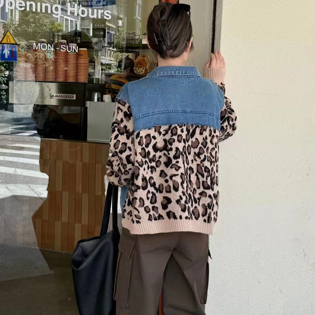 American style niche autumn new design sense leopard print retro denim patchwork fashion sweater women's coat