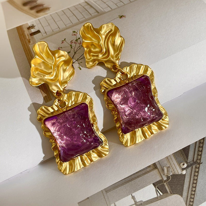 Lava earrings, irregular purple square glazed crystal earrings, retro temperament earrings