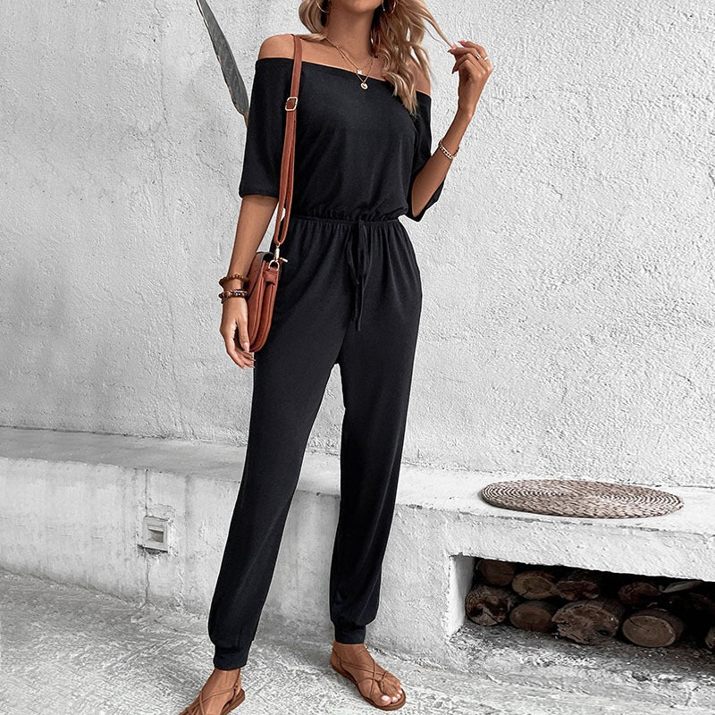 New European and American summer women's one shoulder solid color pants jumpsuit