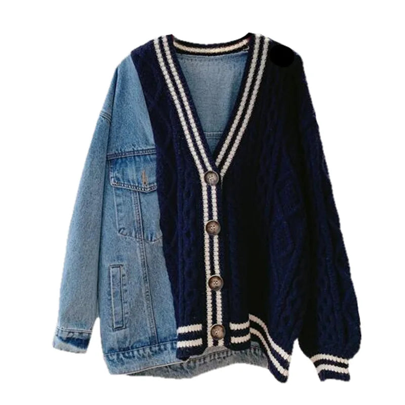 Women Cardigan Denim Sweater Patchwork Overcoat Ladies Oversized Coat Winter Autumn Spring Autumn knitted outwear