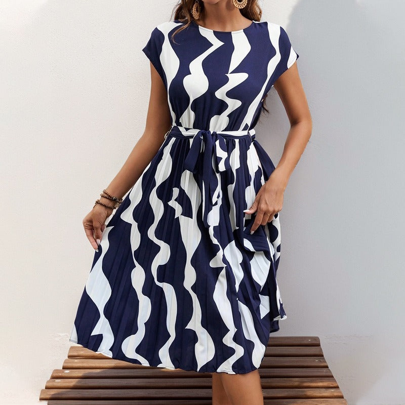 European and American summer women's geometric pattern printed pleated dress