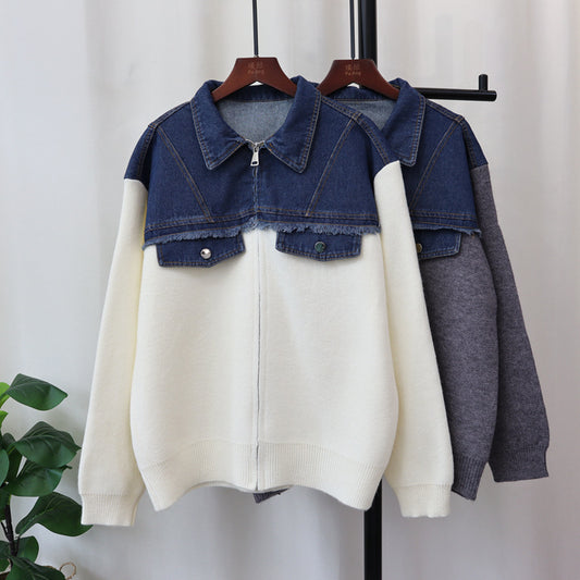 Splicing denim knit cardigan, loose casual versatile zipper sweater jacket, women's fashion