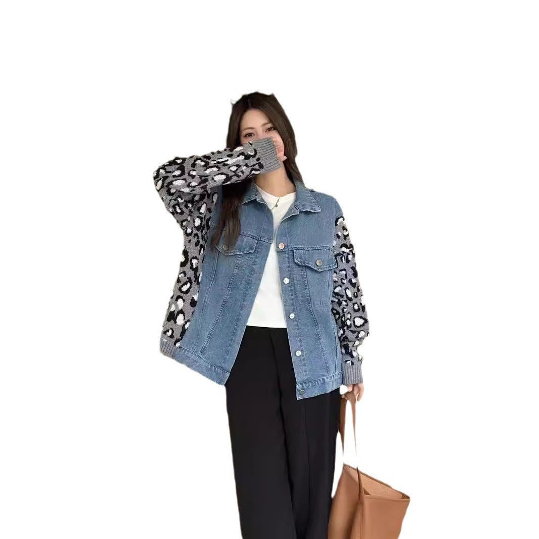 American style niche autumn new design sense leopard print retro denim patchwork fashion sweater women's coat