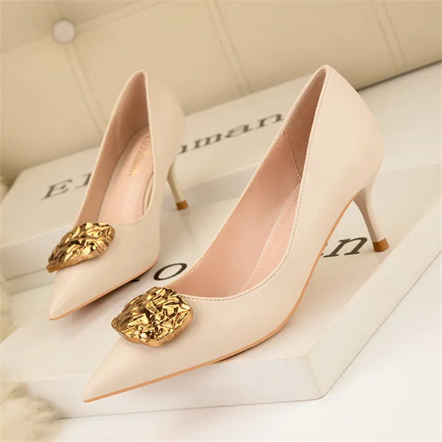 High Heels Women Pumps Autumn Soft Leather Stiletto Sexy Party Shoes  Black Ladies Pointed Metal Buckle Work Shoes