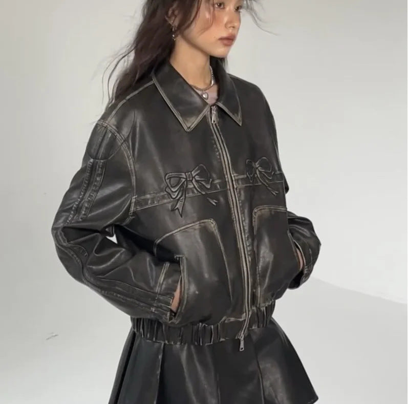 European and American Spring Women's Leather Jacket Personalized Street Sweet Cool Bow PU Motorcycle Leather Jacket Jacket