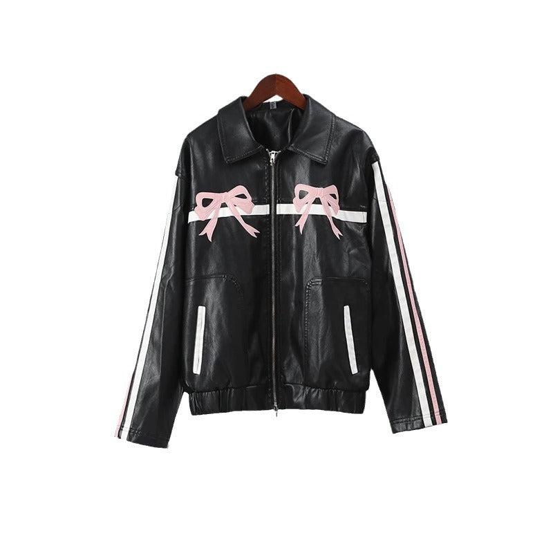 European and American Spring Women's Leather Jacket Personalized Street Sweet Cool Bow PU Motorcycle Leather Jacket Jacket