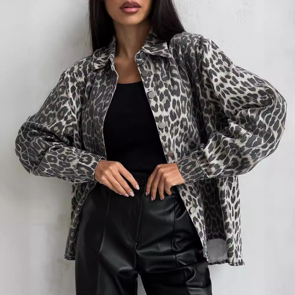 Street casual leopard print denim jacket for women, spring style, loose pocket, button fashion, retro denim jacket, mid length