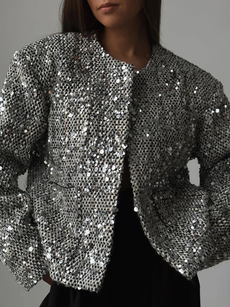 Elegant Silver Cropped Sequin Jacket For Women Chic Round Neck Long Sleeve Pockets Coat Autumn Female Party Fashion Outwear