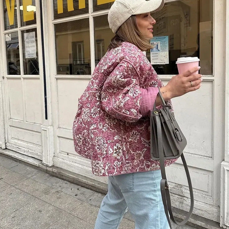 Spring Lady Elegant Printed Quilted Coat Women Fashion O Neck Single Breasted Coats Female Vintage Streetwear Jacket