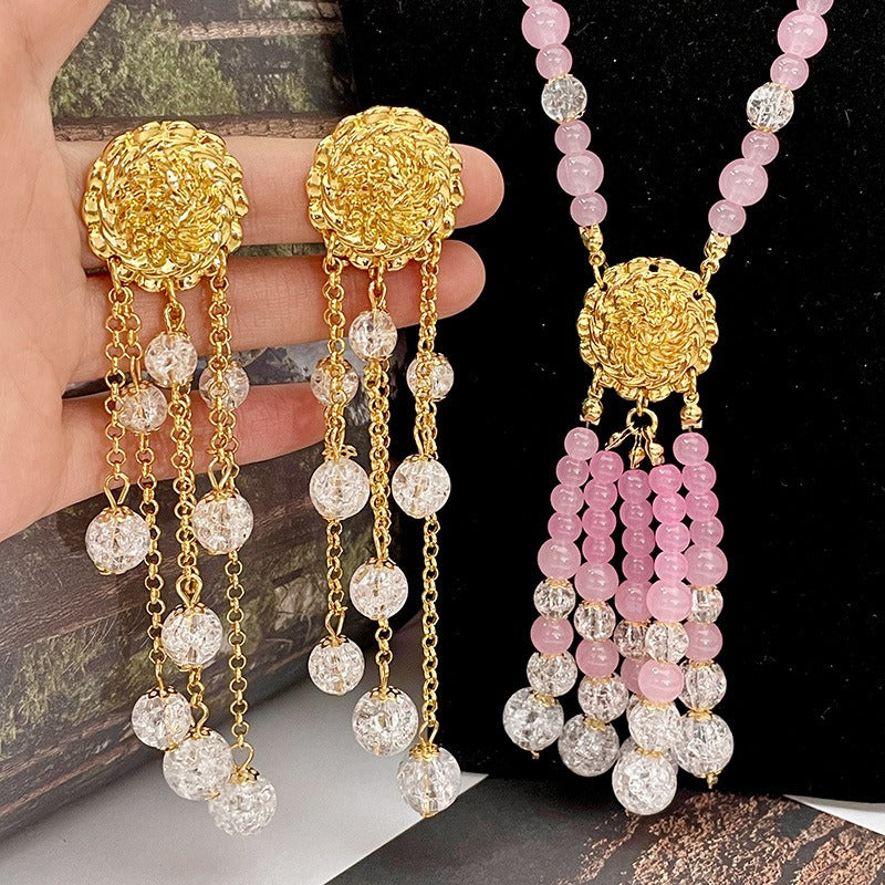 Retro pink ball bead tassel necklace crystal national style new Chinese sweater chain Hanfu cheongsam accessories