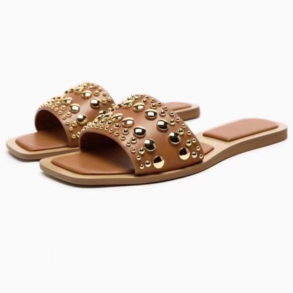 Flat sandals square toe open toe slippers with transparent rubber rivets