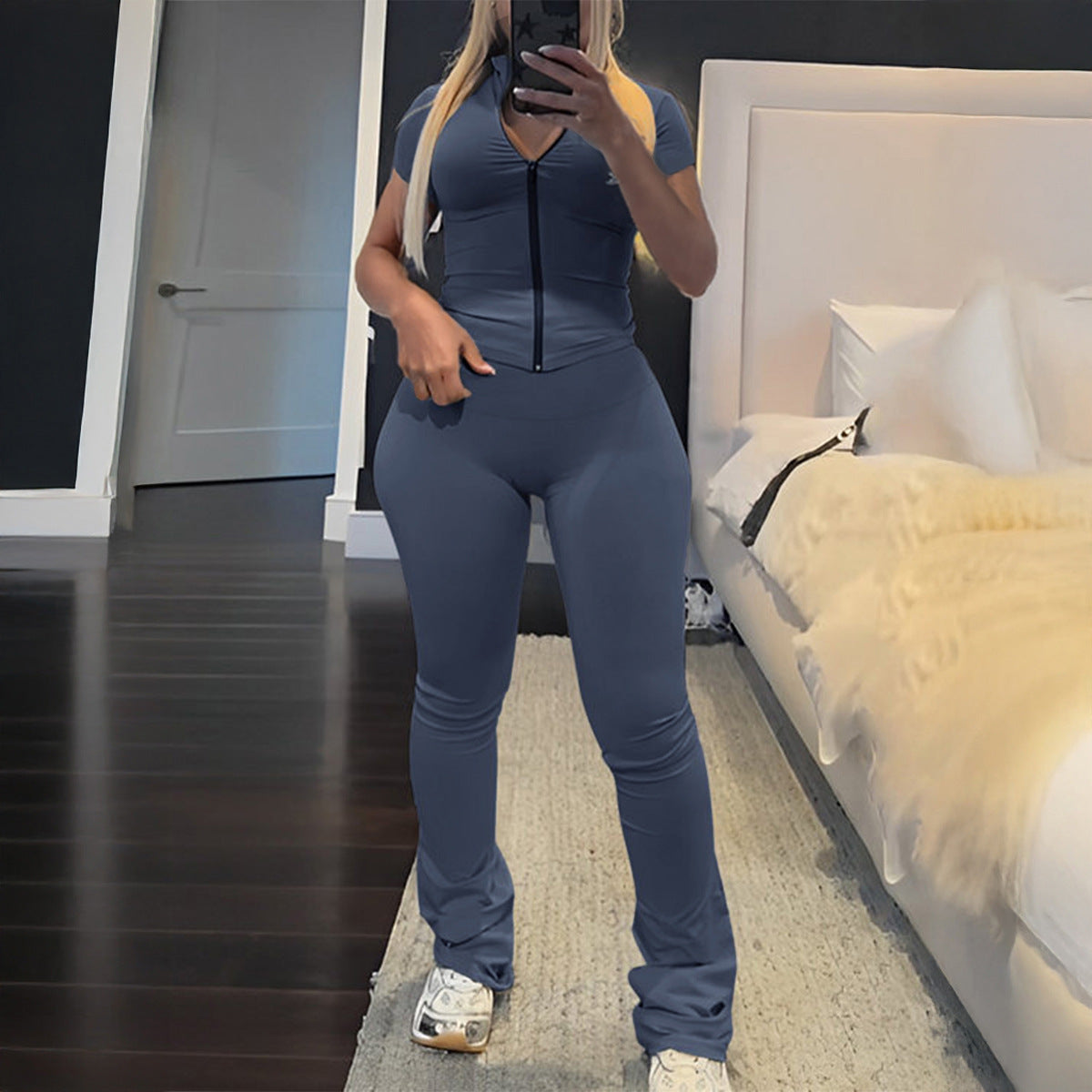 Solid color zipper short cardigan high waisted straight leg pants yoga suit two-piece set