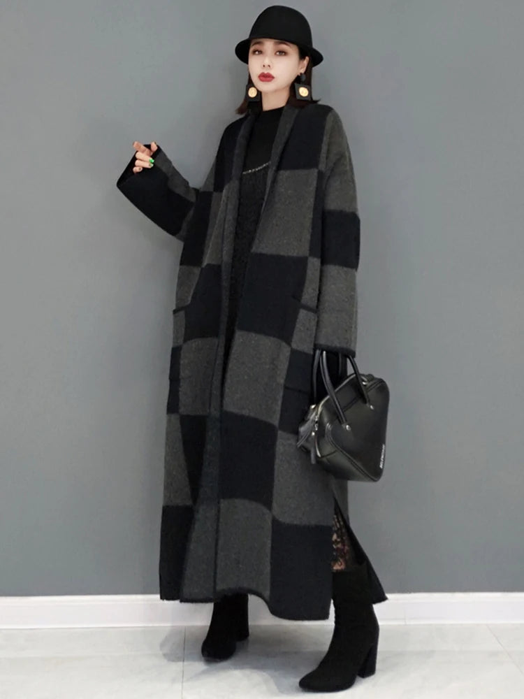 Winter New Knitting Trench For Women Vintage Fashion Plaid Loose Thicken Sweater Windbreaker Female Coat