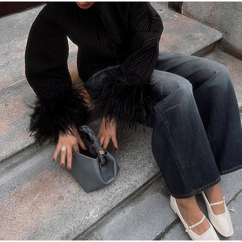 Solid color lace up feather jacket fashionable women's autumn and winter personalized street jacket