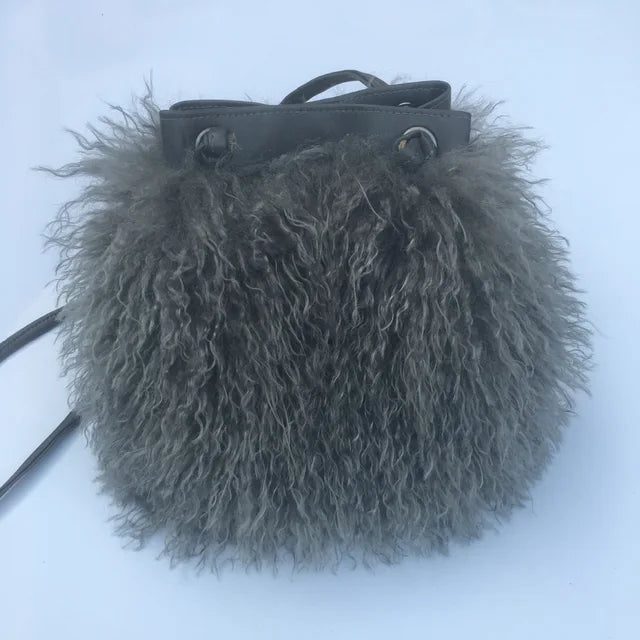 Long Fur Wool Bucket Bag Women  Luxury Mongolian Sheep Fur Bag Beach Faux Wool Fur One Shoulder Sling Handbag