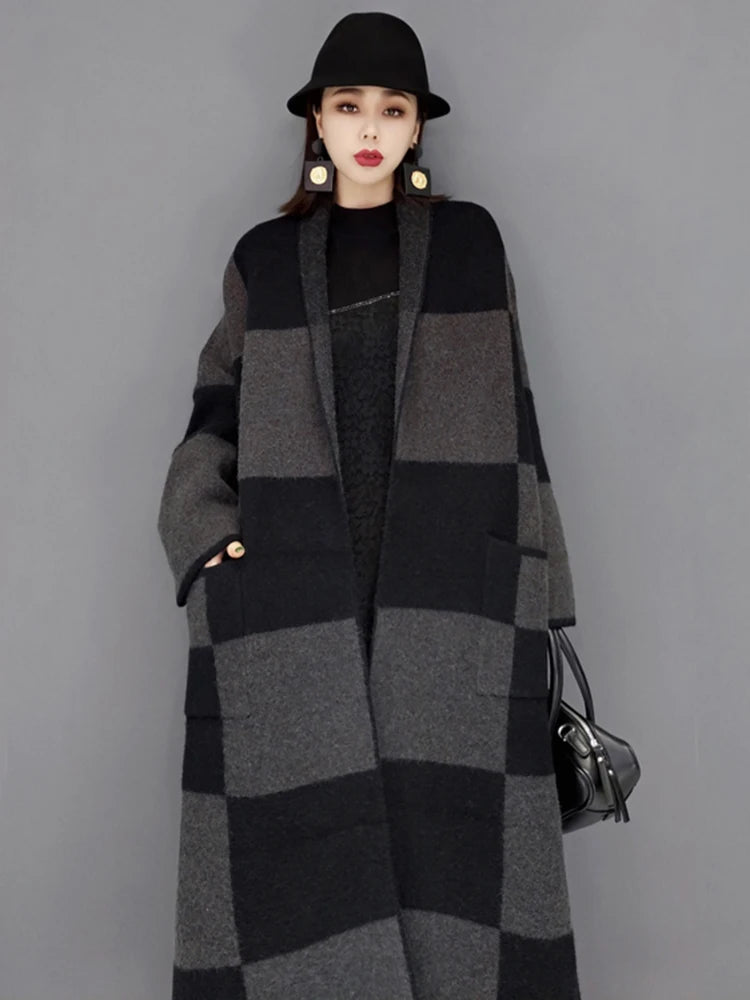 Winter New Knitting Trench For Women Vintage Fashion Plaid Loose Thicken Sweater Windbreaker Female Coat