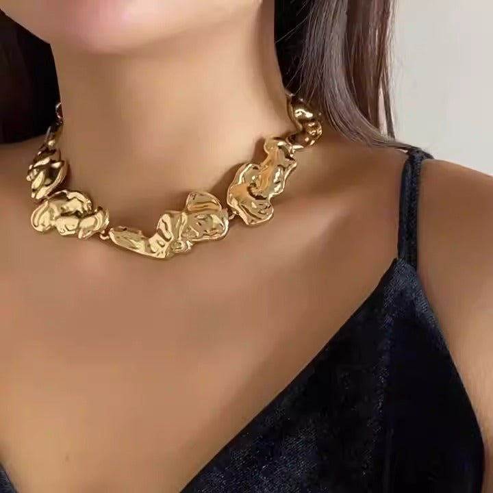 Liquid wrinkled irregular collar choker metal lava necklace for women