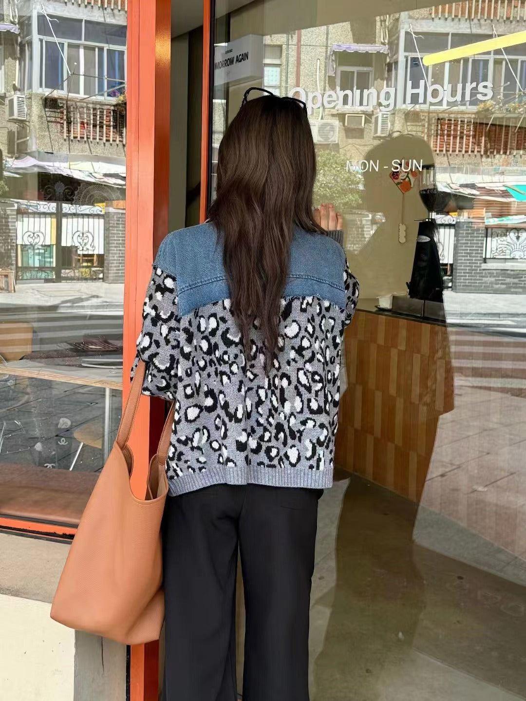 American style niche autumn new design sense leopard print retro denim patchwork fashion sweater women's coat