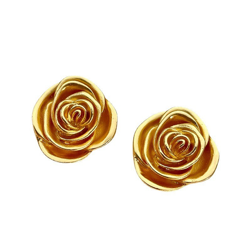 Retro Medal Gold Three-dimensional Rose Stud Earrings