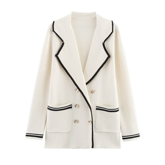 Edge embellished double breasted knitted suit jacket for women
