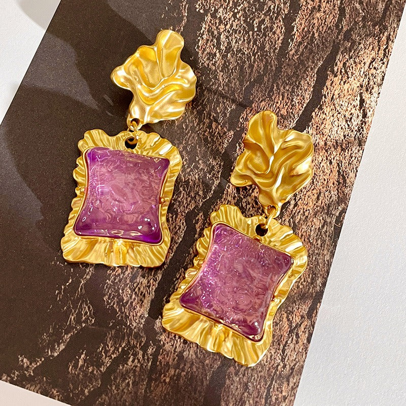 Lava earrings, irregular purple square glazed crystal earrings, retro temperament earrings