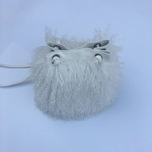 Long Fur Wool Bucket Bag Women  Luxury Mongolian Sheep Fur Bag Beach Faux Wool Fur One Shoulder Sling Handbag