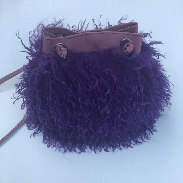 Long Fur Wool Bucket Bag Women  Luxury Mongolian Sheep Fur Bag Beach Faux Wool Fur One Shoulder Sling Handbag