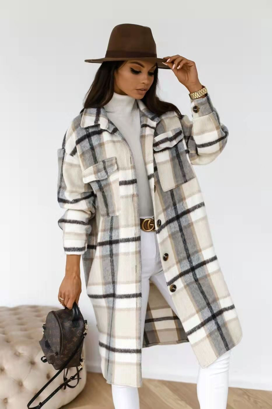 Spring And Autumn New Women's Plaid Brushed Medium Long Woolen Coat