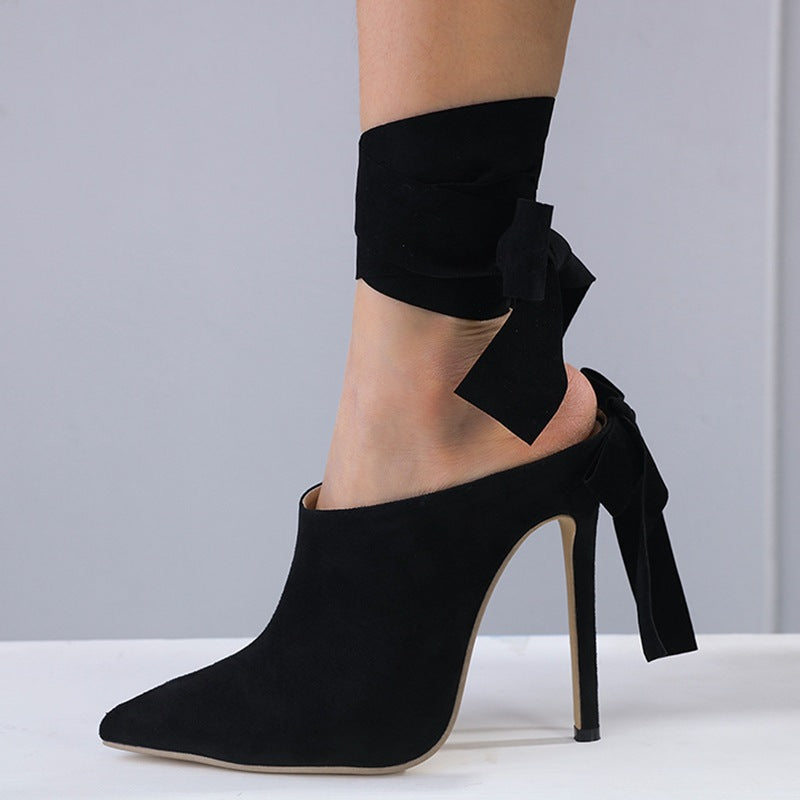 Black Pointed Toe Ankle Strap Pumps Women Fashion Thin High Heels Mules Female Party Dress Stilettos Shoes