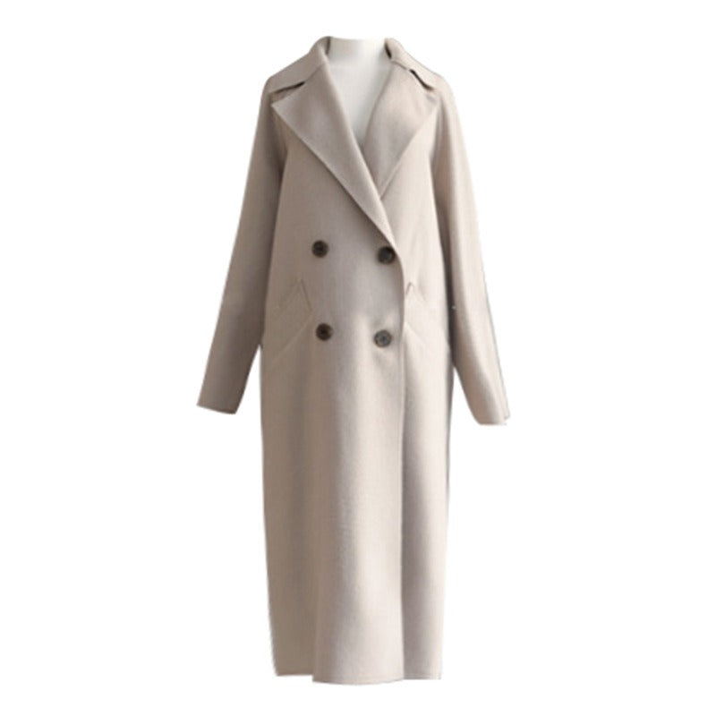 New medium length loose cashmere woolen coat for women's Hepburn style knee length woolen coat