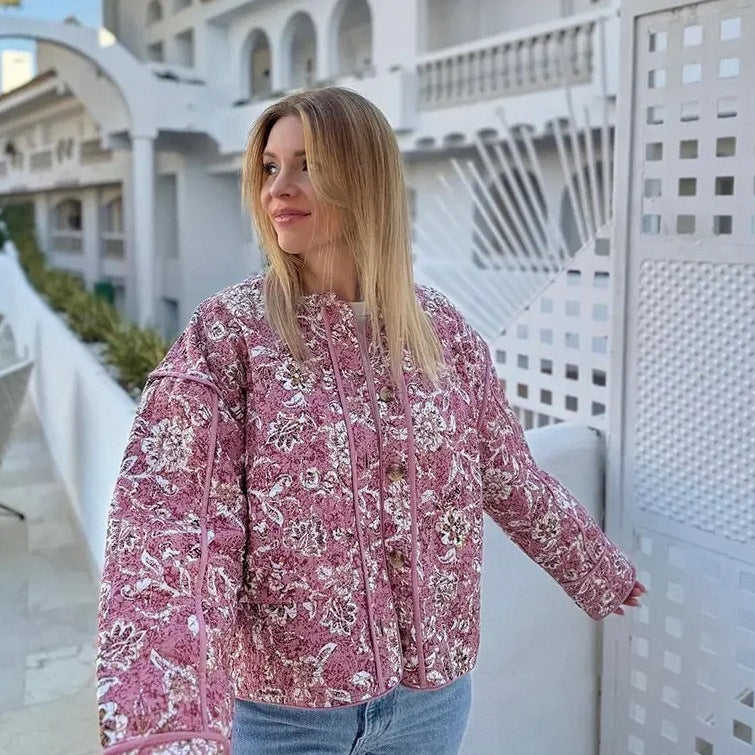 Spring Lady Elegant Printed Quilted Coat Women Fashion O Neck Single Breasted Coats Female Vintage Streetwear Jacket
