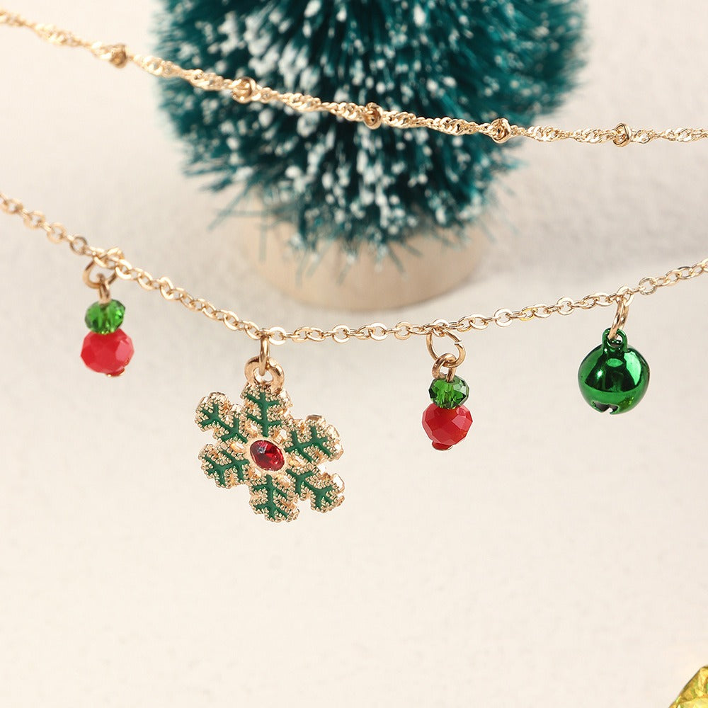 Holiday Jewelry New Fashion Christmas Bell Snowflake Necklace Double Layer Clavicle Chain Female