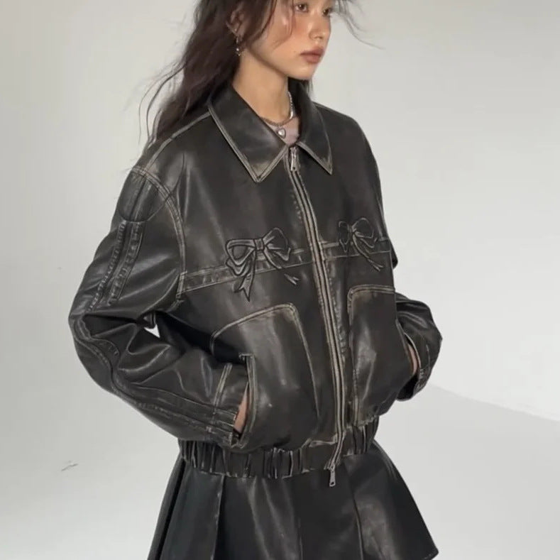 European and American Spring Women's Leather Jacket Personalized Street Sweet Cool Bow PU Motorcycle Leather Jacket Jacket