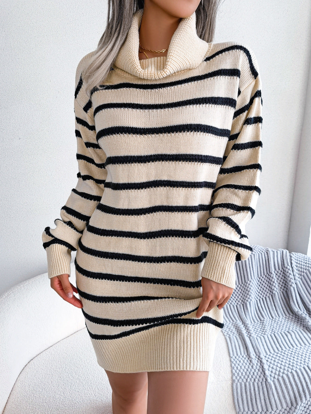 Autumn And Winter Casual High Collar Striped Long Sleeve Bottomed Wool Dress