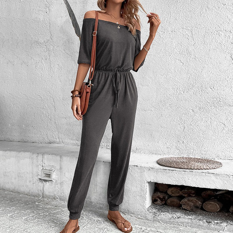 New European and American summer women's one shoulder solid color pants jumpsuit